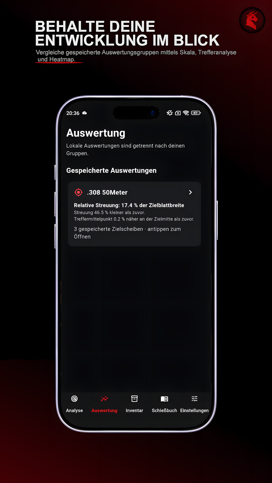 BullsAI Auswertungsansicht mit gespeicherten Trainingsgruppen.