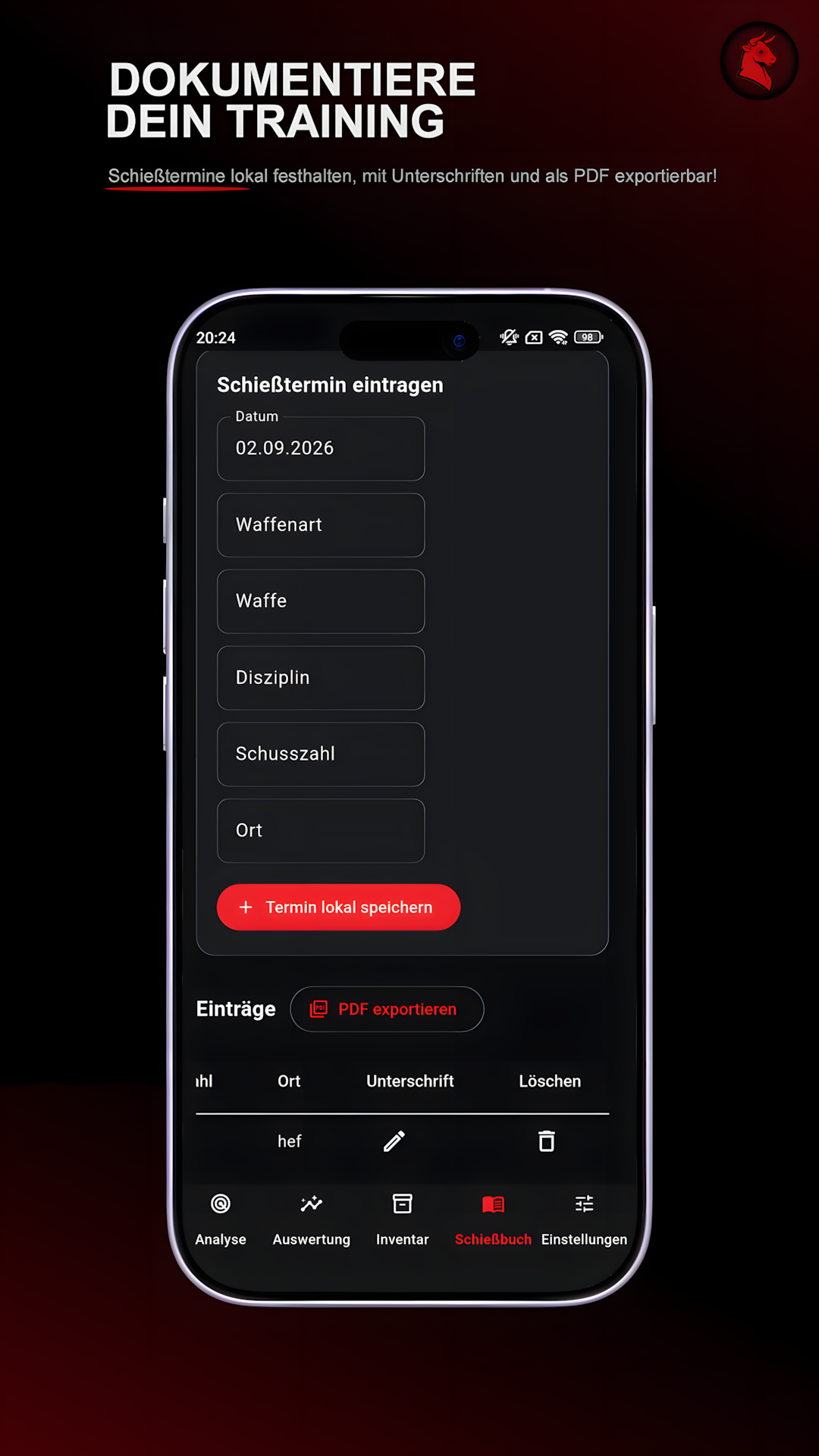 BullsAI Schießbuch mit Trainingsdaten und PDF-Export.